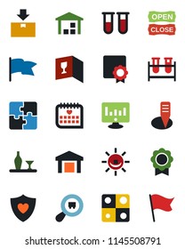 Color and black flat icon set - statistic monitor vector, plant label, blood test vial, heart shield, medical calendar, warehouse, package, search cargo, application, sertificate, alcohol, wine card