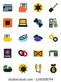 Color and black flat icon set - passport vector, clouds, office binder, desk, shovel, sun, broken bone, term, container, route, chain, stop button, rca, document folder, notebook pc, salad, gear