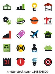 Color and black flat icon set - plane vector, growth statistic, bulb, greenhouse, diet, alarm, calendar, bar graph, contract, stamp, crane, estate insurance, alcove, serviette, eco house, wireless