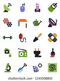 Color and black flat icon set - satellite antenna vector, mouse, trowel, shovel, watering can, dropper, microscope, patch, barbell, office phone, radio, rca, themes, sun panel, table, home control