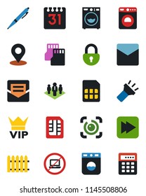 Color and black flat icon set - no laptop vector, vip, washer, fence, fast forward, mail, sd, sim, calendar, torch, place tag, lock, eye id, pen, company, combination