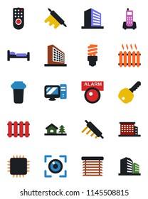 Color and black flat icon set - bed vector, office building, phone, house with tree, key, heater, rolling pin, chip, remote control, pc, water filter, radiator, energy saving bulb, jalousie