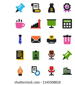 Color and black flat icon set - trash bin vector, mail, identity card, growth statistic, office chair, medal, money bag, coffee, drawing pin, document reload, contract, paper, calculator, ink pen