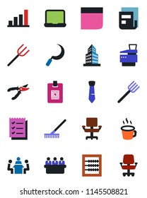 Color and black flat icon set - meeting vector, farm fork, rake, pruner, sickle, coffee, office building, bar graph, news, identity card, abacus, chair, blank box, checklist, tie, notebook pc