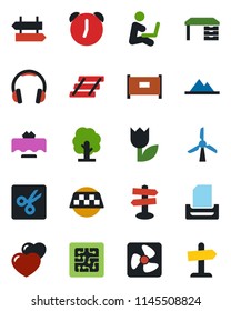 Color and black flat icon set - fence vector, taxi, signpost, desk, tree, tulip, headphones, heart, alarm, cut, paper tray, mountains, restaurant table, chip, fan, windmill, man with notebook