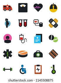 Color and black flat icon set - heart pulse vector, doctor case, diagnosis, blood pressure, test vial, dropper, scales, pills, blister, patch, ambulance star, car, barbell, disabled, lungs, patient