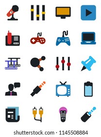 Color and black flat icon set - film frame vector, microphone, news, tv, gamepad, settings, remote control, speaker, monitor, laptop pc, radio phone, share, paper pin, battery, play button, rca