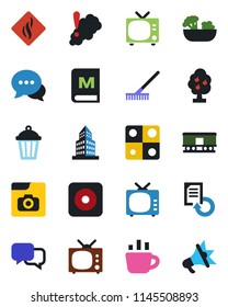 Color and black flat icon set - tv vector, coffee, document reload, rake, garden light, railroad, dialog, rec button, photo gallery, application, office building, fruit tree, menu, salad