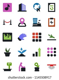 Color and black flat icon set - fence vector, arrival, baby room, plane globe, airport building, office, growth statistic, document reload, seedling, glove, pulse clipboard, navigation, heavy scales