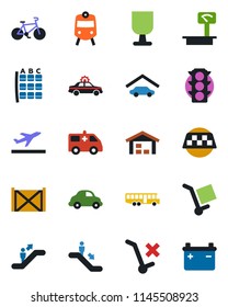 Color and black flat icon set - taxi vector, departure, airport bus, train, escalator, alarm car, seat map, ambulance, bike, traffic light, delivery, container, fragile, cargo, no trolley, garage