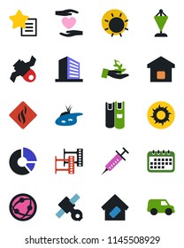 Color and black flat icon set - office building vector, pennant, circle chart, sun, syringe, heart hand, satellite, film frame, network, favorites list, book, pond, smart home, smoke detector, car