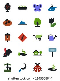 Color and black flat icon set - tree vector, watering can, wheelbarrow, butterfly, lady bug, seedling, well, sickle, plant label, seeds, bird house, tulip, with, pond, fruit, mountains, palm sproute