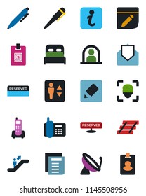 Color and black flat icon set - satellite antenna vector, elevator, escalator, reception, pen, document, office phone, mail, notes, face id, identity card, paper tray, bedroom, reserved, information