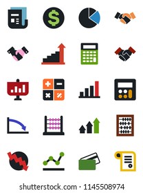 Color and black flat icon set - handshake vector, growth statistic, dollar sign, calculator, abacus, crisis graph, news, bar, pie, point, credit card, arrow up, presentation, contract