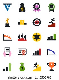 Color and black flat icon set - growth statistic vector, pedestal, medal, money bag, document, sertificate, bar graph, target, career ladder, police, pennon, crisis, certificate, award cup