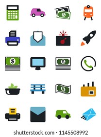 Color and black flat icon set - train vector, bomb in case, printer, bench, cash, monitor, mail, phone, salad, rocket, calculator, car
