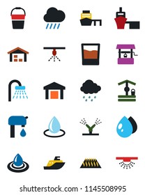 Color and black flat icon set - shower vector, bucket, water drop, rain, well, sea shipping, port, warehouse, supply, drink, irrigation, warm floor, sprinkler