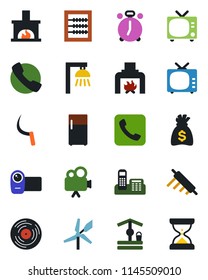 Color and black flat icon set - alarm clock vector, tv, money bag, well, sickle, vinyl, video camera, call, abacus, office phone, fireplace, rolling pin, outdoor lamp, fridge, windmill, sand