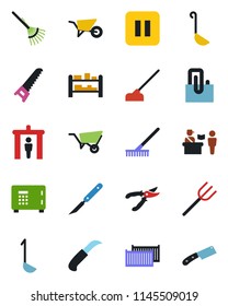 Color and black flat icon set - passport control vector, security gate, safe, farm fork, rake, wheelbarrow, pruner, saw, hoe, garden knife, scalpel, cargo container, rack, pause button, paper clip