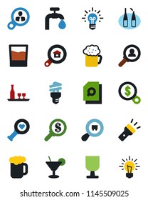 Color and black flat icon set - heart diagnostic vector, ampoule, fragile, search cargo, torch, document, water supply, estate, alcohol, drink, cocktail, beer, energy saving bulb, consumer, money