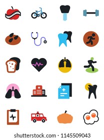 Color and black flat icon set - pumpkin vector, seeds, heart pulse, diagnosis, stethoscope, ambulance car, barbell, bike, run, lungs, tooth, caries, implant, clipboard, diet, hospital, bread
