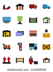 Color and black flat icon set - railroad vector, sea shipping, truck trailer, cargo container, car delivery, port, consolidated, fragile, up side sign, no hook, warehouse, package, rack
