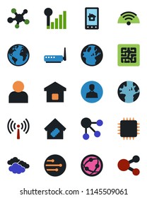 Color and black flat icon set - antenna vector, clouds, earth, network, share, user, cellular signal, wireless, smart home, chip, router, control app, social media