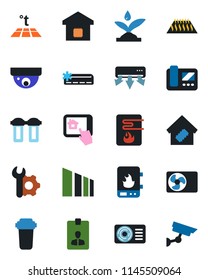 Color and black flat icon set - identity card vector, sorting, root setup, air conditioner, smart home, irrigation, water heater, intercome, control app, filter, warm floor, surveillance