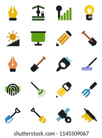 Color and black flat icon set - bulb vector, job, pencil, garden fork, shovel, rake, well, satellite, hdmi, brightness, fingerprint id, cellular signal, presentation board, ink pen, rolling pin