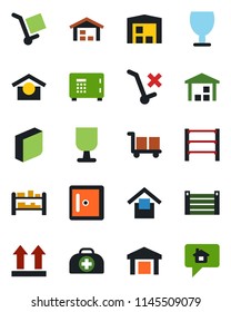Color and black flat icon set - safe vector, checkroom, doctor case, container, fragile, cargo, warehouse storage, up side sign, no trolley, rack, blank box, home message