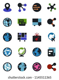 Color and black flat icon set - bomb in case vector, globe, plane, earth, pin, consolidated cargo, network, share, news, social media