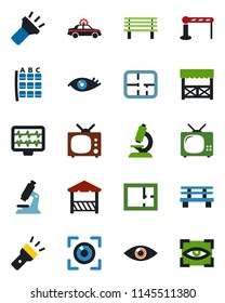 Color and black flat icon set - barrier vector, alarm car, seat map, bench, monitor pulse, microscope, eye, torch, plan, tv, alcove, scan
