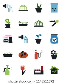 Color and black flat icon set - factory vector, flower in pot, seedling, watering, pruner, greenhouse, seeds, garden sprayer, fertilizer, tulip, eco house