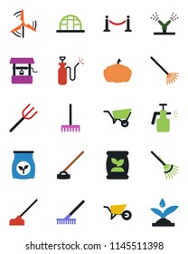 Color and black flat icon set - fence vector, farm fork, rake, wheelbarrow, well, hoe, pumpkin, greenhouse, garden sprayer, fertilizer, windmill, irrigation