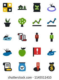Color and black flat icon set - manager vector, contract, seedling, plant label, pond, fertilizer, important flag, application, point graph, house with tree, fruit, apple, money bag