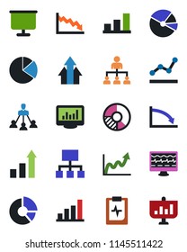 Color and black flat icon set - growth statistic vector, hierarchy, circle chart, monitor pulse, clipboard, statistics, presentation board, bar graph, pie, point, arrow up, crisis