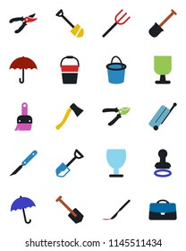 Color and black flat icon set - suitcase vector, umbrella, stamp, job, shovel, farm fork, bucket, pruner, axe, scalpel, fragile, themes, case