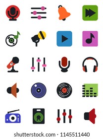 Color and black flat icon set - vinyl vector, microphone, radio, speaker, settings, equalizer, headphones, play button, fast forward, tuning, bell, music, sound