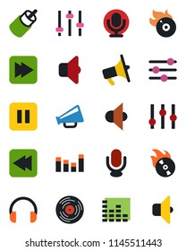 Color and black flat icon set - vinyl vector, flame disk, speaker, loudspeaker, settings, equalizer, microphone, headphones, pause button, fast forward, rewind, rca, tuning, sound
