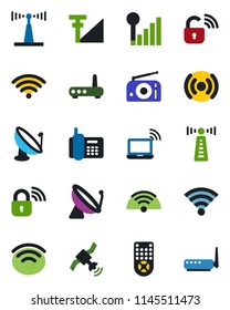 Color and black flat icon set - antenna vector, satellite, wireless notebook, office phone, radio, remote control, cellular signal, lock, router