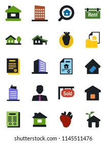 Color and black flat icon set - office building vector, house, real heart, contract, with garage, tree, estate document, rent, sold signboard, search, agent, smart home, city, eco