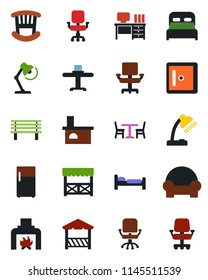 Color and black flat icon set - cafe vector, bed, checkroom, office chair, desk, bench, fireplace, lamp, bedroom, children room, cushioned furniture, restaurant table, alcove, fridge