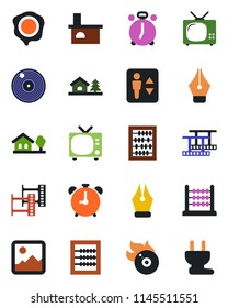 Color and black flat icon set - elevator vector, alarm clock, tv, abacus, stamp, fireplace, film frame, vinyl, flame disk, gallery, ink pen, house with tree, power plug