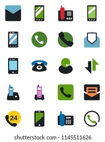 Color and black flat icon set - phone vector, mobile, office, 24 hours, support, cell, radio, mail, call, data exchange