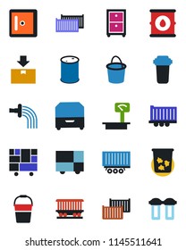 Color and black flat icon set - trash bin vector, checkroom, bucket, watering, railroad, truck trailer, cargo container, consolidated, package, oil barrel, heavy scales, archive box, water filter