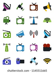 Color and black flat icon set - antenna vector, satellite, radio, loudspeaker, tv, video camera, wireless