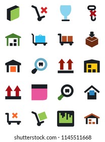 Color and black flat icon set - baggage trolley vector, fragile, cargo, warehouse storage, up side sign, no, hook, package, search, scanner, blank box