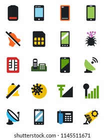 Color and black flat icon set - mobile phone vector, virus, satellite antenna, cell, low battery, back, sim, mute, cellular signal, office, sun panel