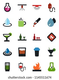 Color and black flat icon set - hot cup vector, water drop, dropper, flammable, alcohol, drink, cocktail, filter, sprinkler, flask
