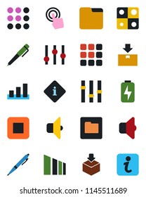 Color and black flat icon set - package vector, sorting, settings, touch screen, stop button, menu, folder, charge, application, pen, sound, information